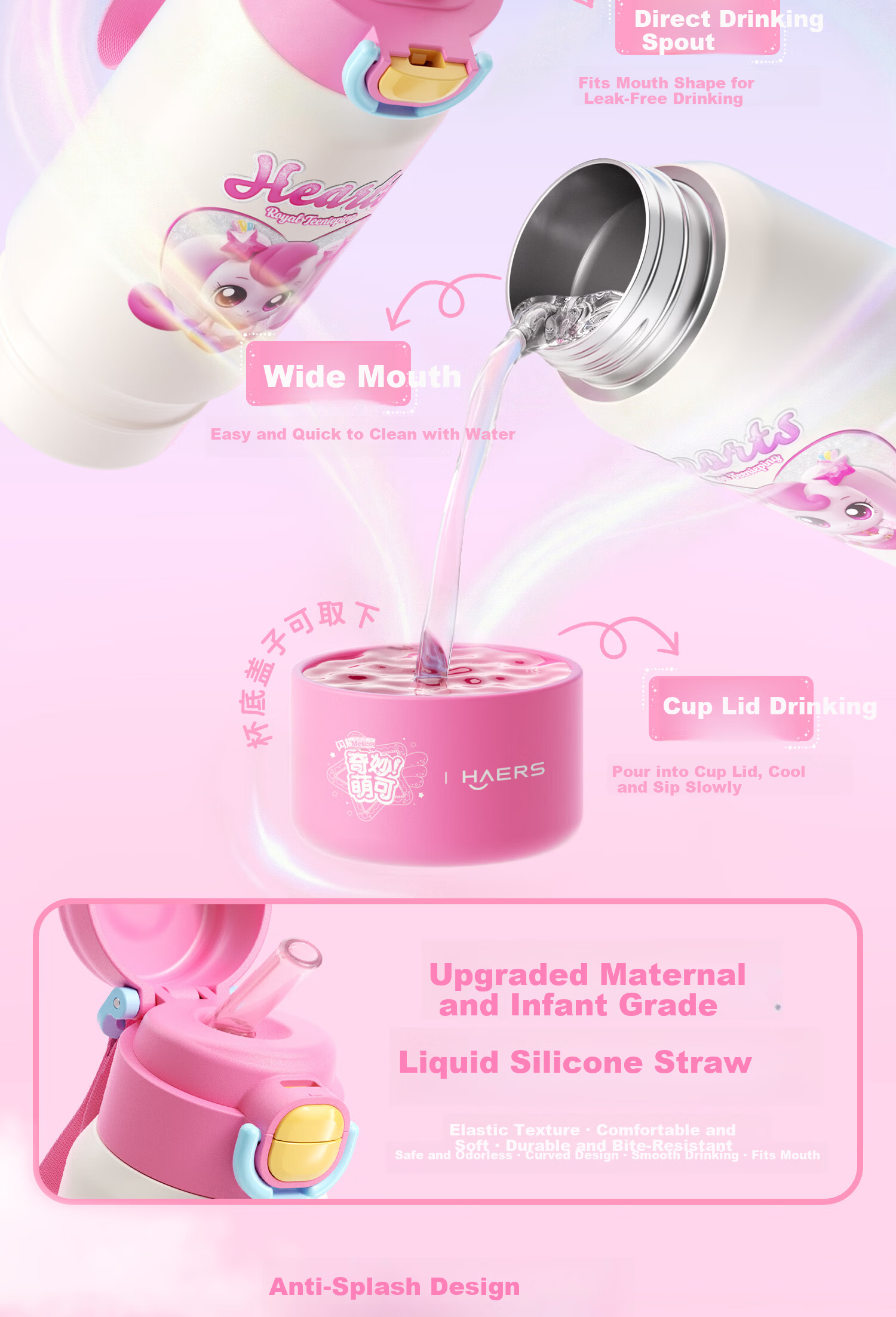 HAERS Cute Kids Insulated Straw Water Bottle Portable School Cup for Girls Pink 600ml 7