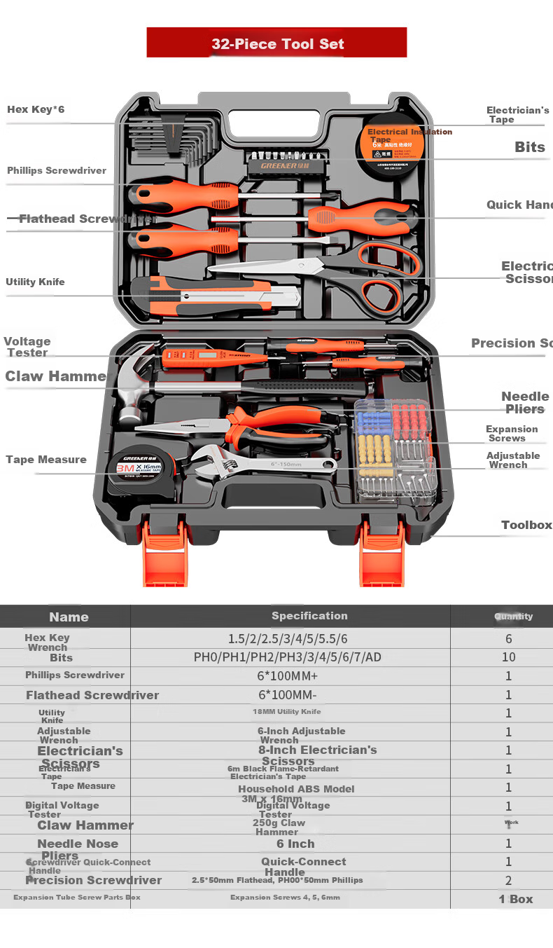 GREENER Household Toolbox Set Hardware Tool Kit Electrical Telecom Tools 32-Piece Set 12