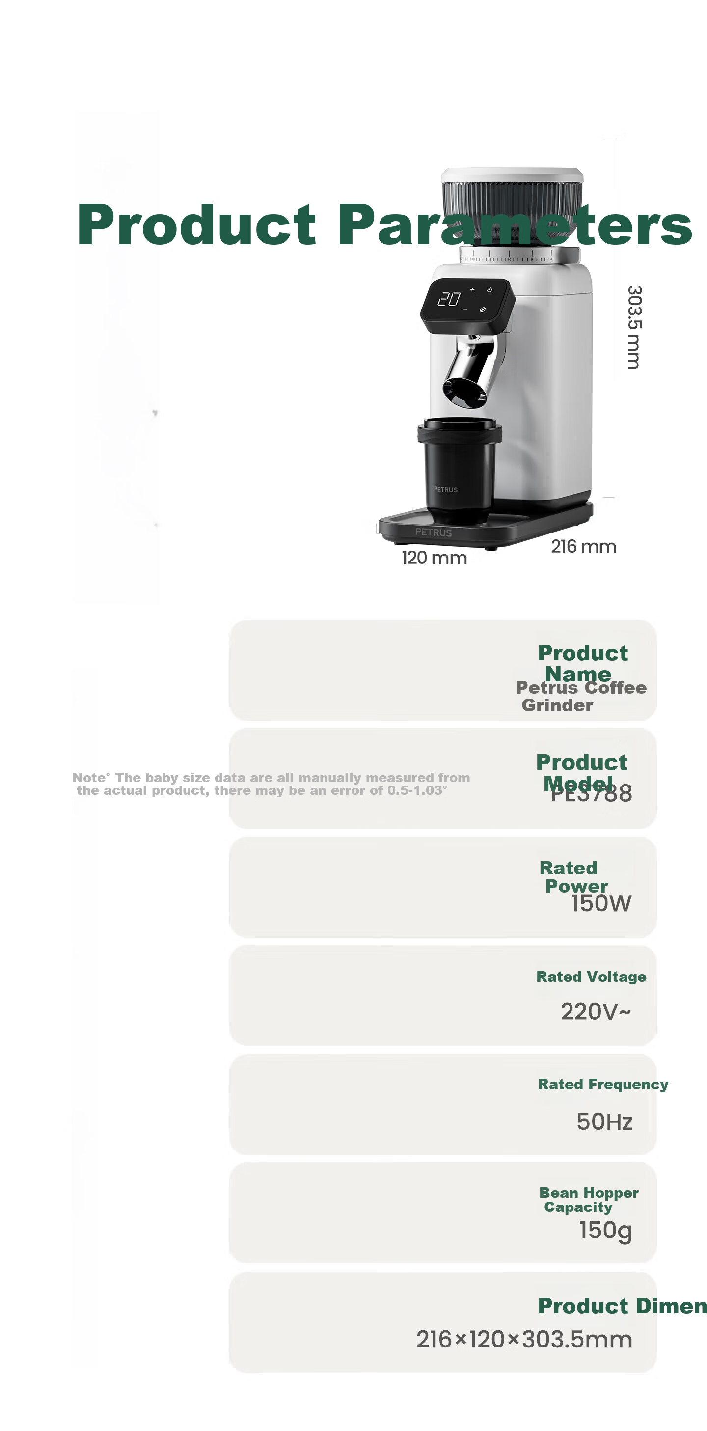 Petrus PE3788E New Home Electric Coffee Grinder, Fresh Grind Italian and American Style, Compact Espresso Grinder with 40-Level Anti-Fly Powder Adjustment 13