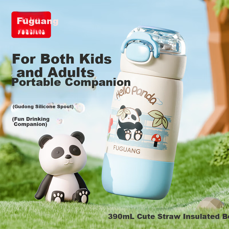 FGA Fuguang Kids Insulated Water Bottle Student Cup 316L Stainless Steel Straw Cup Flip Lid Portable Panda Blue 390ml