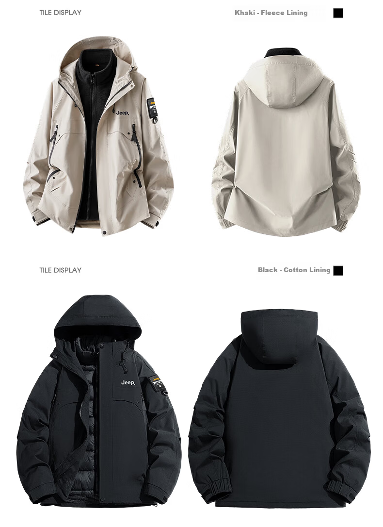 JEEP Men's 3-in-1 Jacket Autumn Winter Outdoor Waterproof Thickened Warm Mountaineering Coat Black 2XL 12