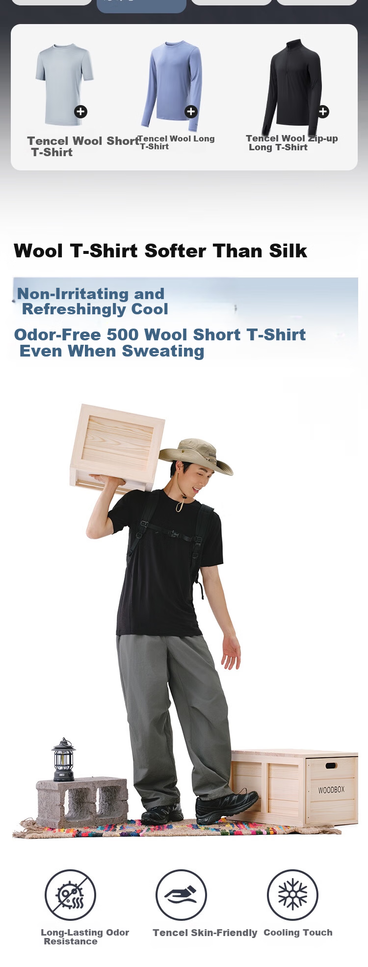 JD Jingzao Cooling Deodorant Wool Short Sleeve Men's Spring Summer High Elastic Antibacterial Breathable Sports Outdoor T-Shirt Light Mist Gray M 2