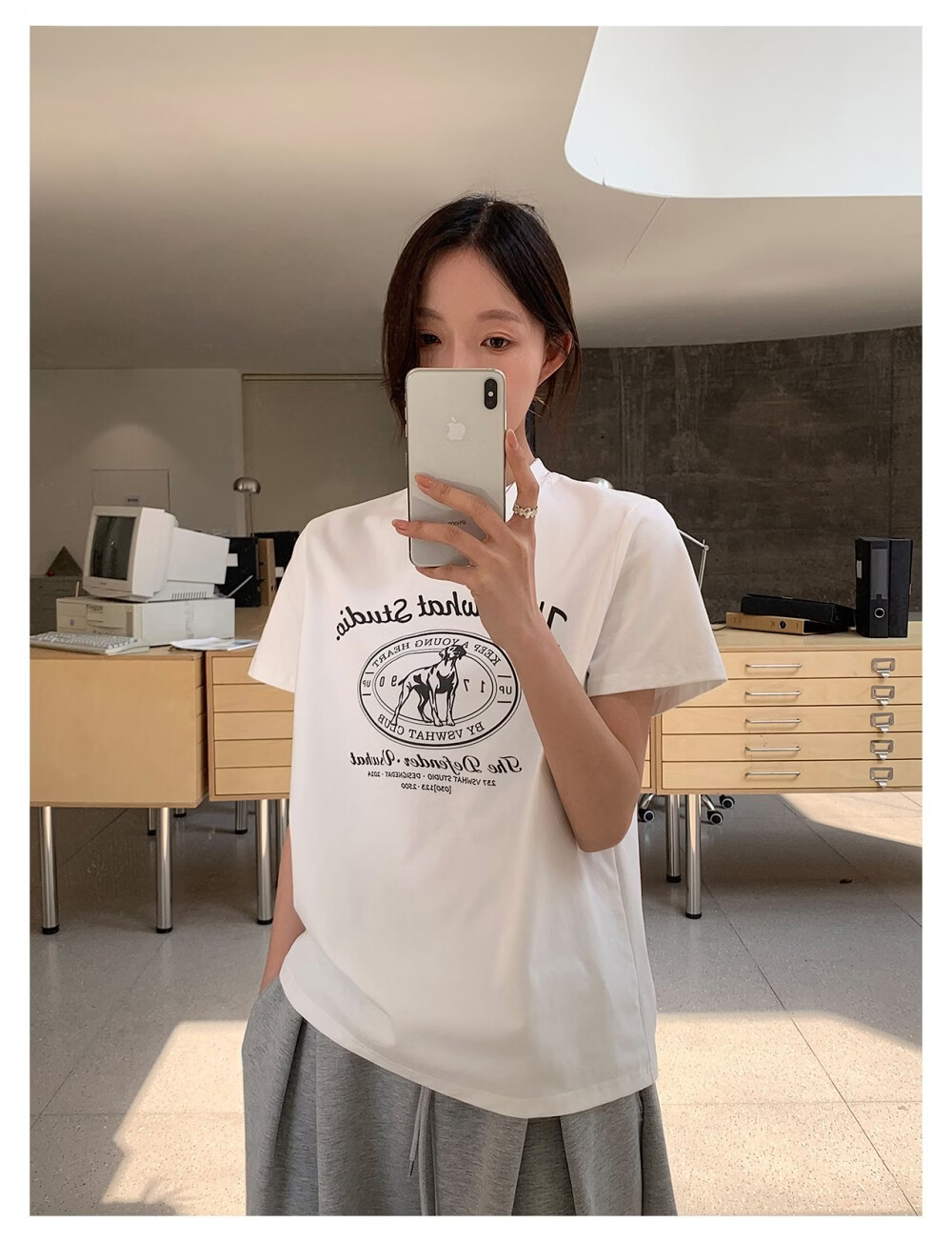 ICH MODE "Puppy Travelogue" Korean Retro College Style Chic Shoulder Short Sleeve T-Shirt Women Casual Top White M 24