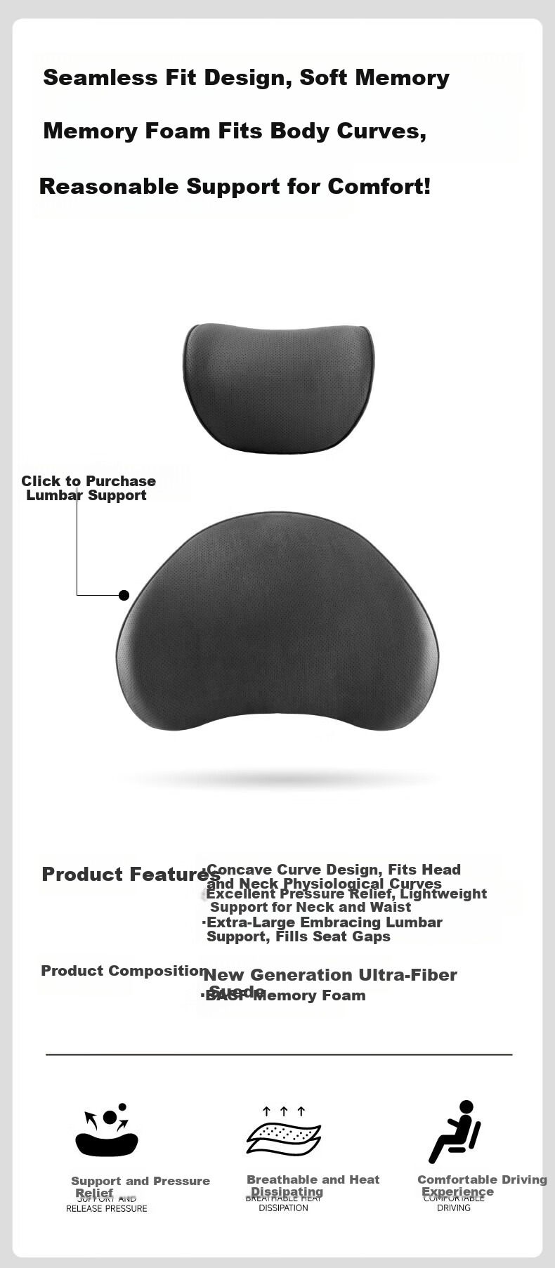 BIMLL Car Headrest Neck Pillow Memory Foam Perforated Suede Car Cushion Maybach Universal Model 1