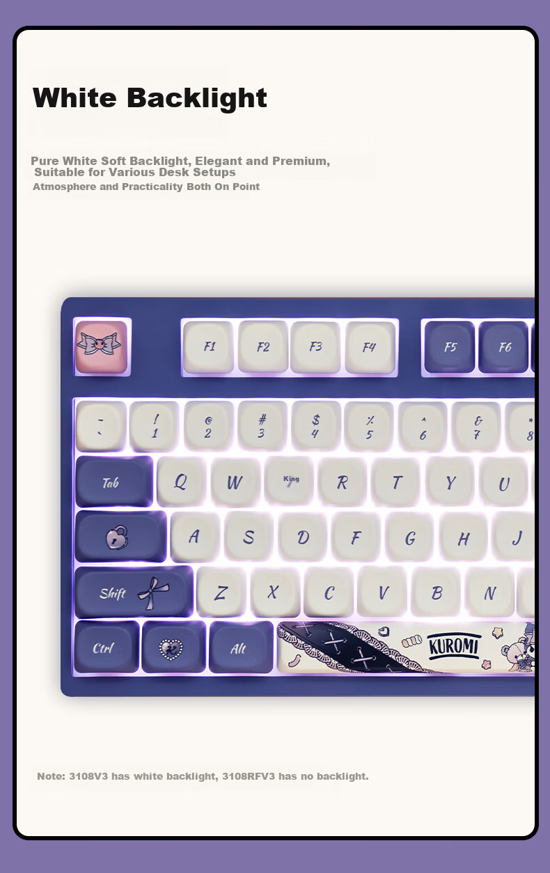 AKKO 3108 V3 Kuromi Collaboration Wired Mechanical Keyboard 108-Key Hot-Swappable Gaming Keyboard Office Keyboard Monochrome White Backlight High-Aesthetic Gift for Girls 5