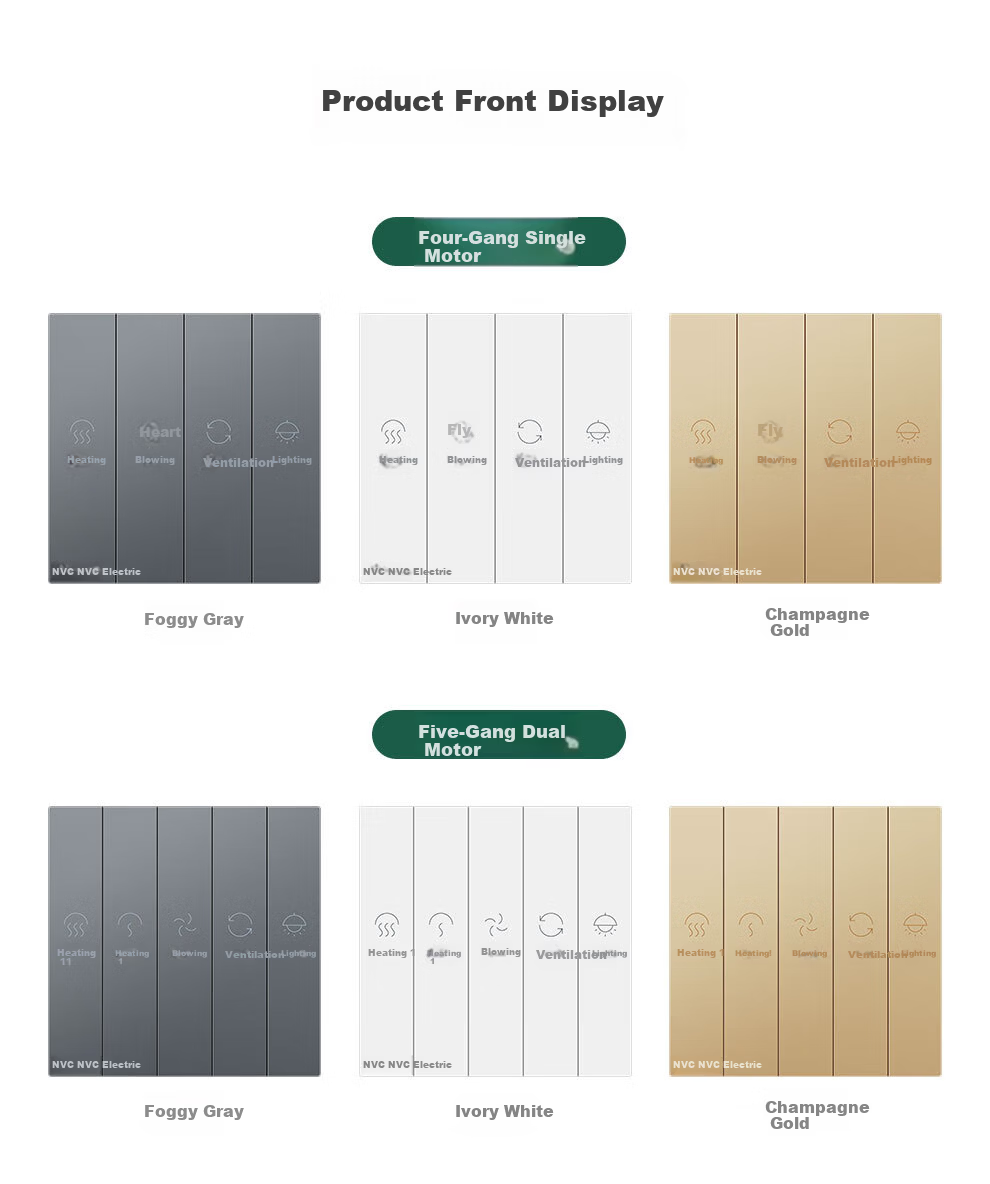NVCleishidiangong Switch Socket, 86-Type Universal Bathroom Multi-Function Switch Panel, Four-Gang Bathroom Heater Switch, Gold Color 13