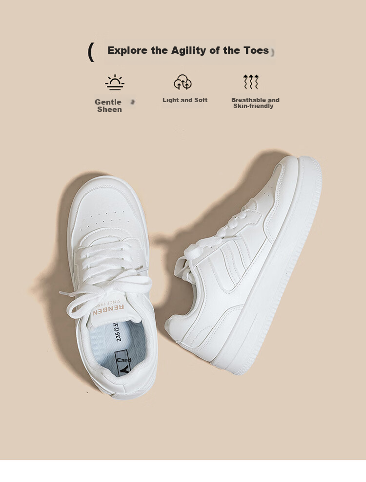 RENBEN Korean Style INS Trendy High-Value Fashion Simple Sneakers Slimming Height-Increasing Lightweight Comfortable Versatile White Shoes for Students 5