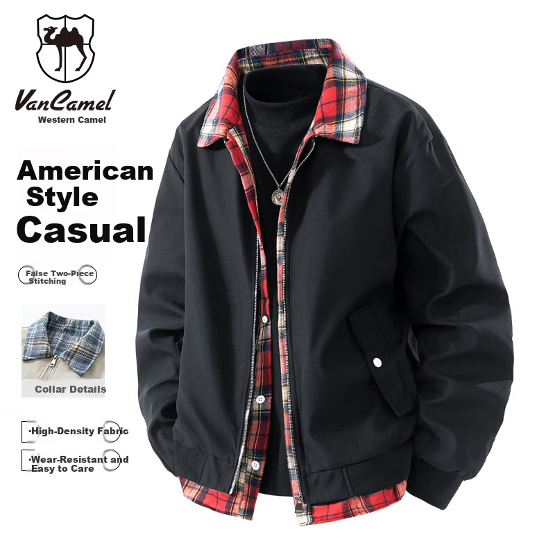 VANCAMEL Men's Jacket Youth Turn-down Collar Workwear Casual Two-in-One Outdoor Windproof Coat Black XL