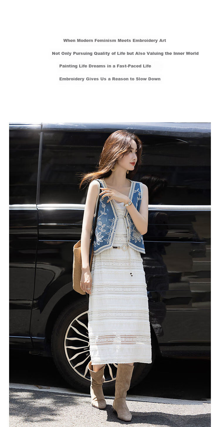 Demana Vintage Embroidered Denim Vest Sleeveless Cloud Cotton Short Women's Jacket Autumn Artistic Retro Style 2