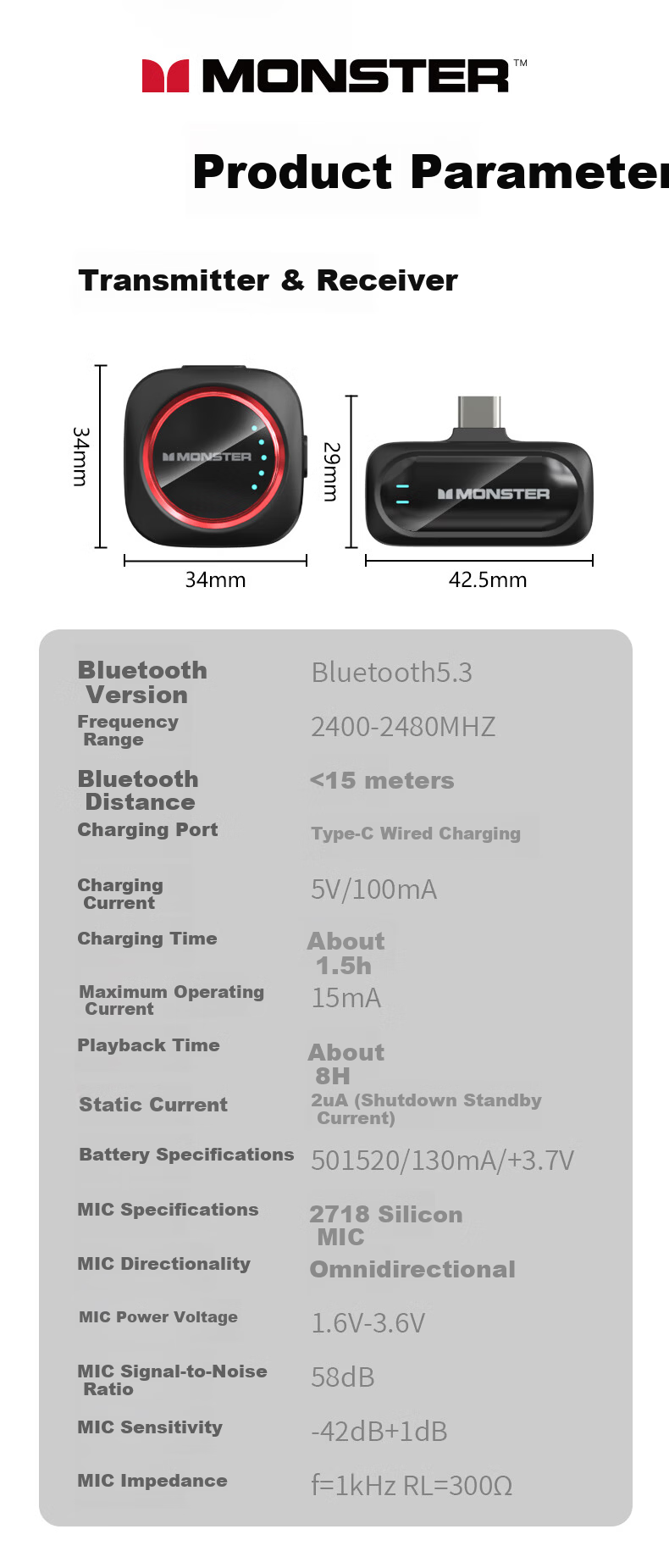 MONSTER Wireless Lavalier Microphone Professional Recording Outdoor Vlog TikTok Short Video Noise-Cancelling Clip-on Mic Portable Wireless Microphone One-to-Two Type-C M1 Black 18