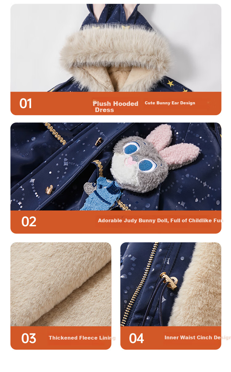 Disney Baby Girls' Autumn Winter 2026 New Zootopia Hooded Parka Thickened Cotton Padded Kids Jacket 7