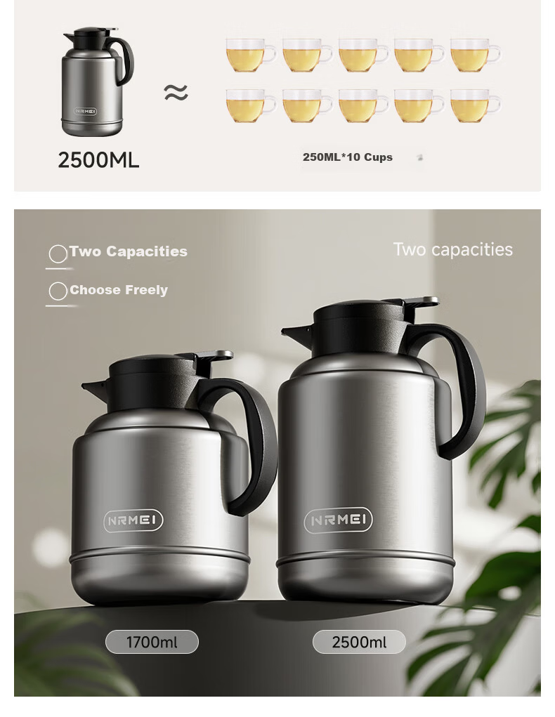 NRMEi Large Capacity Insulated Thermos Flask 72-Hour Heat Retention Stainless Steel 316 Tea Brewing Hot Water Pot 7