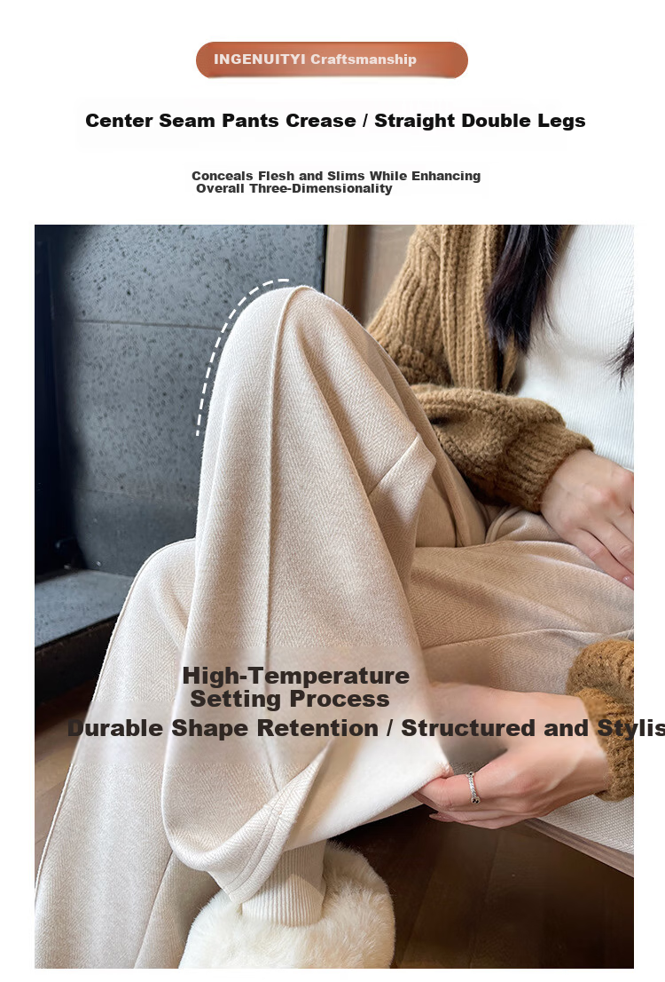 Langsha Wool Blend Wide-Leg Pants for Women Spring Autumn 2026 New Fleece-Lined Herringbone High-Waist Relaxed Trousers 7