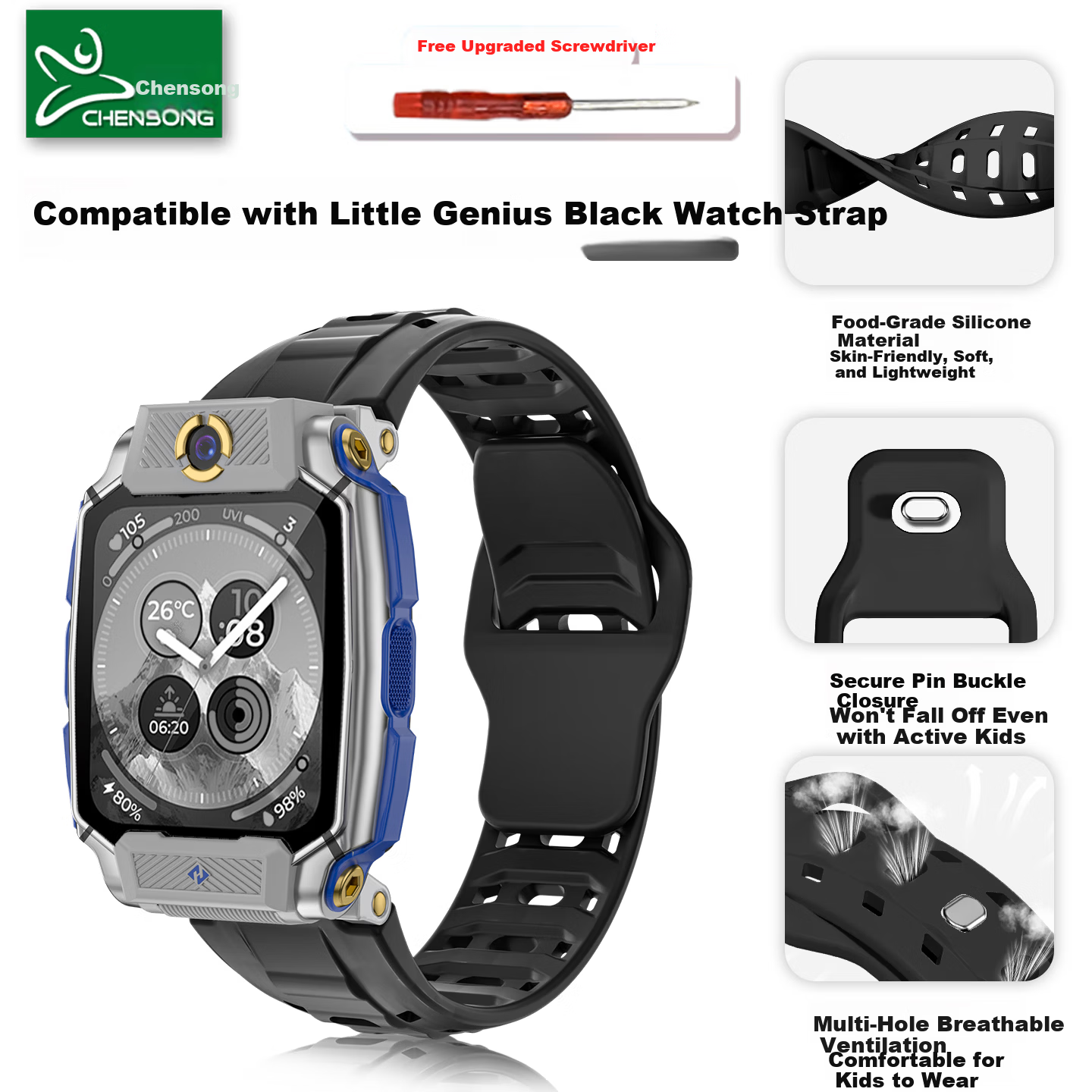 CHENSONG Silicone Breathable Mesh Strap for Xiaotiancai Z/Q/N/Y/D Series Kids' Smartwatch Black