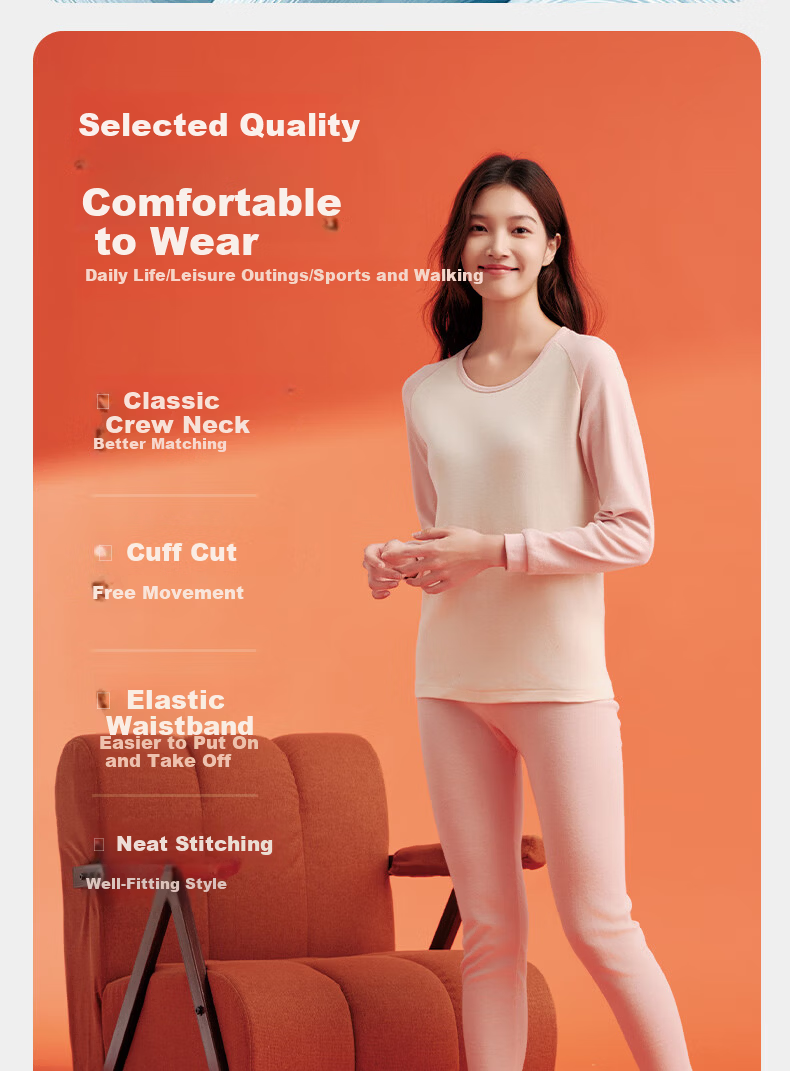 Yiershuang 100% Cotton Thermal Underwear Women Raglan Colorblock Crew Neck Autumn Top and Bottom Set Cotton Sweater Pants 6