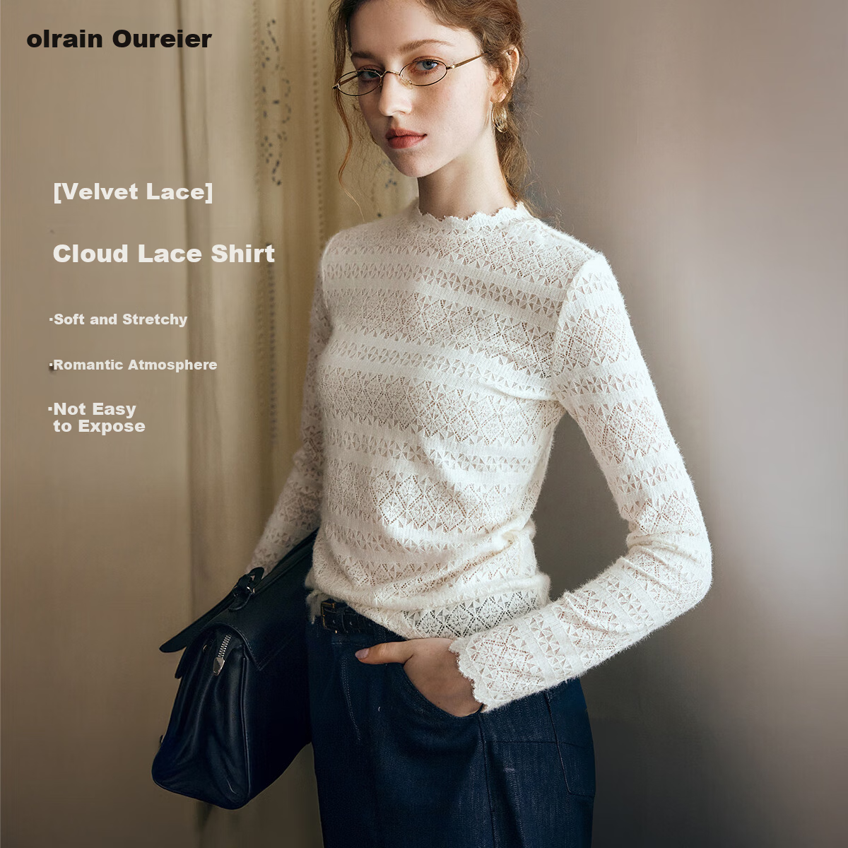 Olrain Eurier Small Turtleneck Pullover Lace Long Sleeve Slim Fit Autumn Top for Women Apricot M