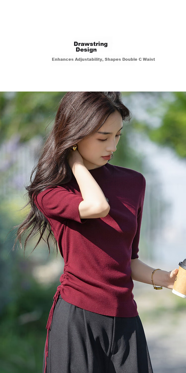 Demana Drawstring Waist Slim Fit Autumn Half Turtleneck Mid Sleeve Knit Top for Petite Women 2