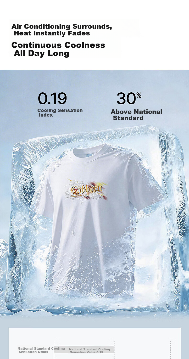 Cabbeen [Gold Label Embroidery] Cool Feeling Printed Short Sleeve T-Shirt Men's 2025 Summer Trendy Crew Neck Top Bleached White Size L 3