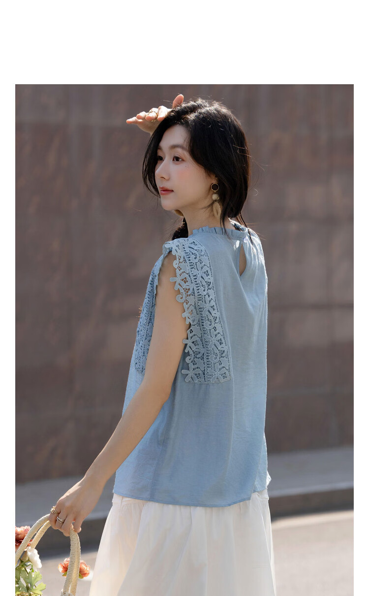 Demana Summer Sleeveless Loose Slimming Shirt with Flax and Ruffled Round Neck Lace Trim for Women Premium 11