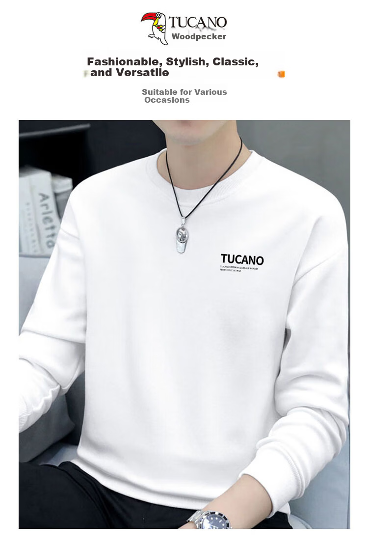 TUCANO Sweatshirt for Men, Spring And Autumn Round Neck Long Sleeve T-Shirt, Base Layer, Loose Casual Clothing, Jacket for Men's Wear, Black, 2XL 2