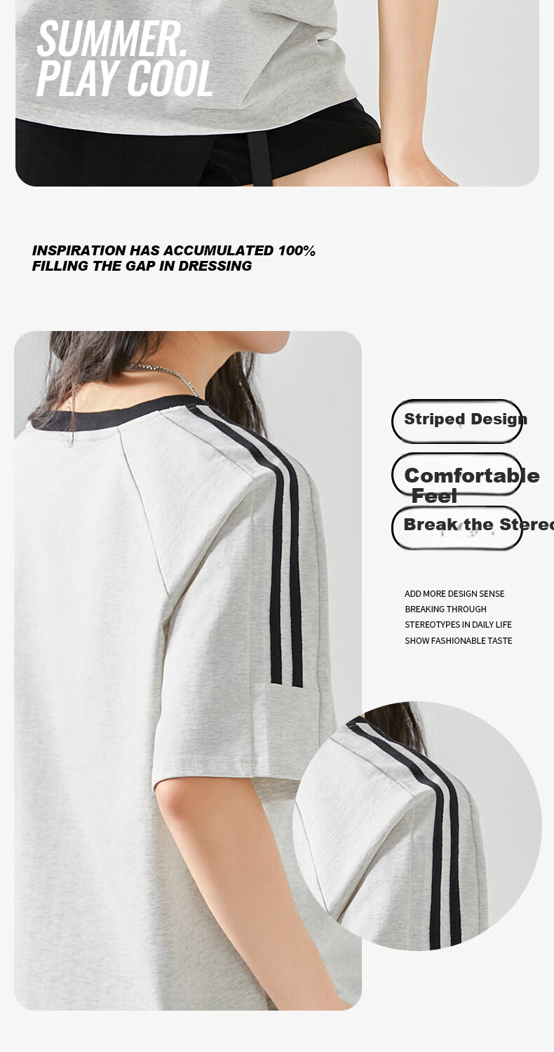 Jeanswest Women's Striped Short Sleeve T-Shirt Spring Summer New Two-Stripe Raglan American Style Cotton Loose Colorblock T-Shirt 4