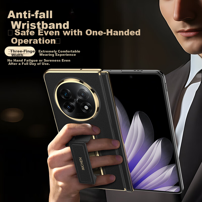 IM-CHEN Wristband Stand Tech Leather Case for OPPO Find N5 Full-Cover Anti-Drop Premium Gold Business Black