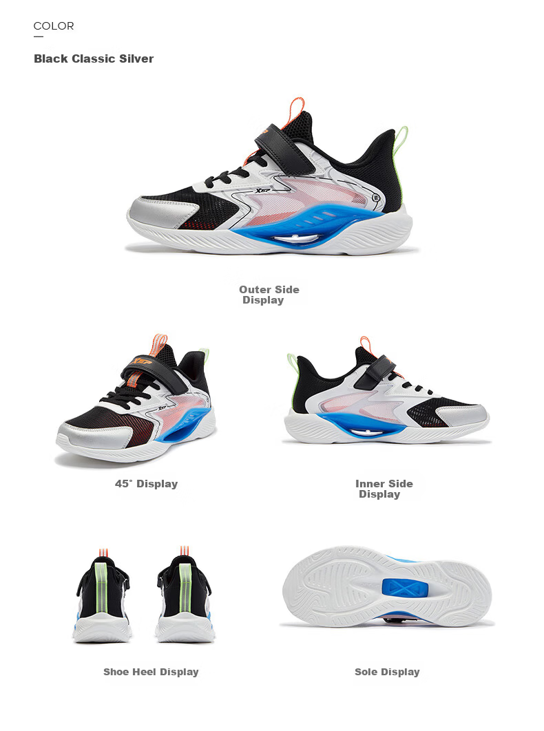 XTEP Kids Children's Shoes Hydrogen Wind 8.0 Foot Protection Running Shoes Breathable Velcro Running Shoes Black/Classic White/Silver Size 38 26