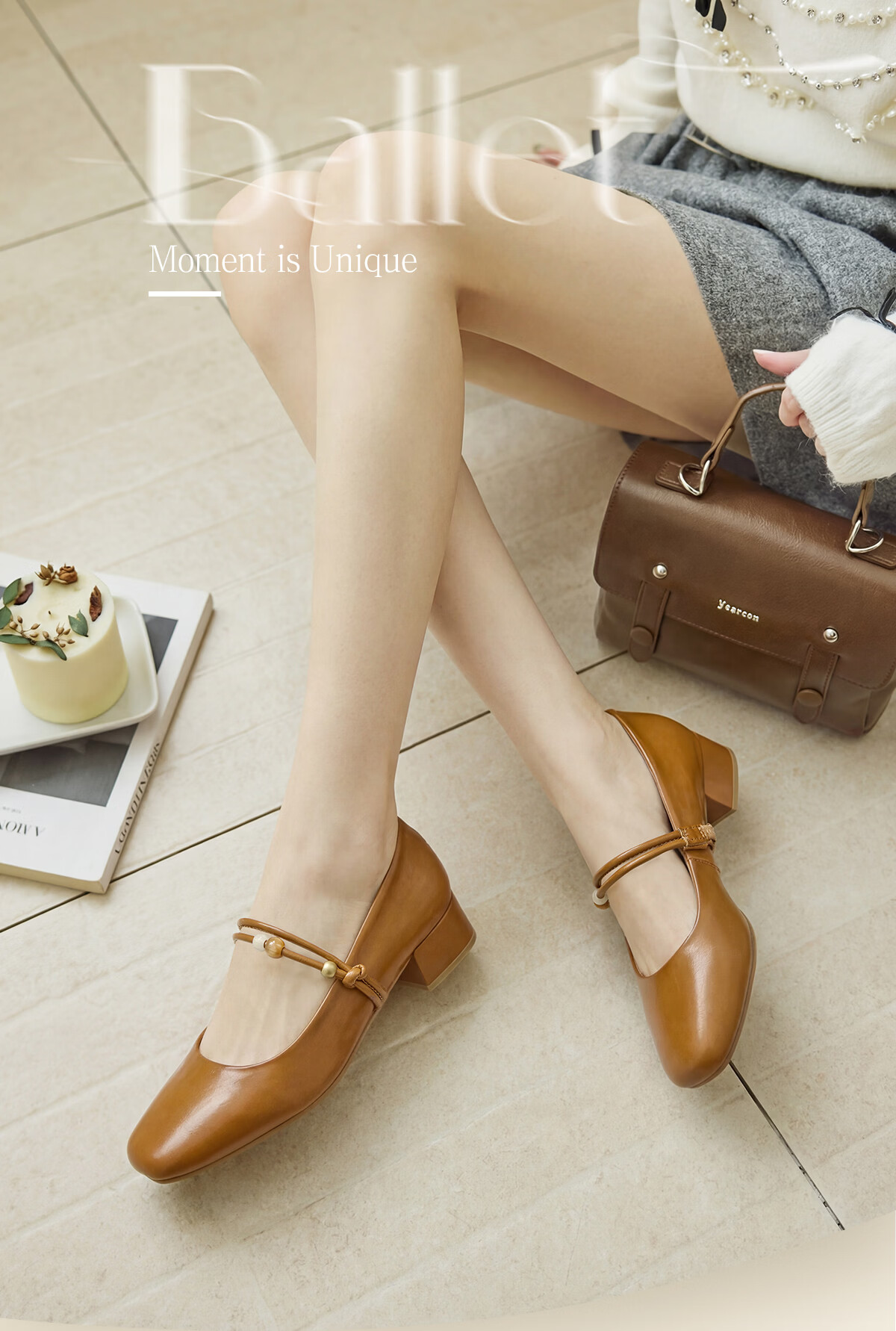 Eierkang Women's French Mary Jane Shoes Gentle Evening Style Low-Cut Chunky Heel Leather Shoes 16864W Yellow Brown Size 39 1