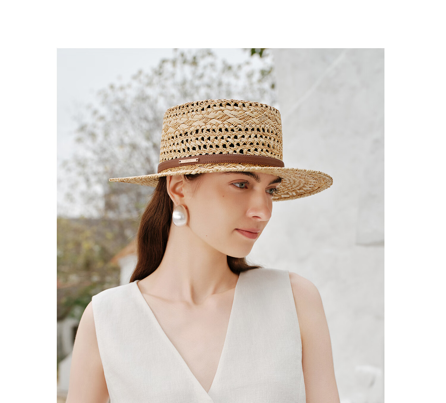 FANCET Hand-Crocheted Raffia Flat Top Summer Women's Hollow Breathable Straw Hat British Vintage High Crown Sun Hat 17