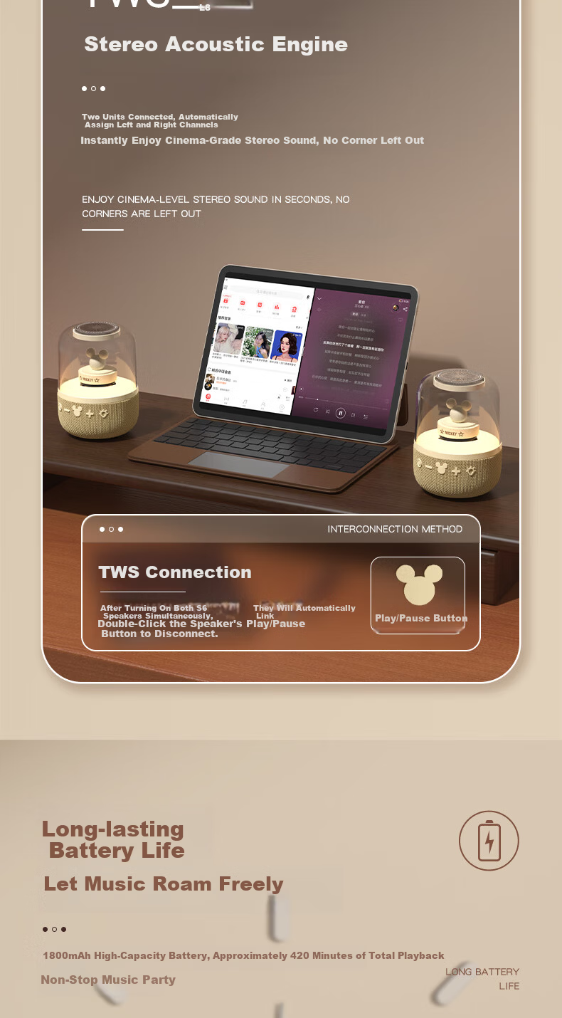 DISNEY Bluetooth Speaker Desktop Computer Ambient Light High-Quality Loud 360 Surround Stereo Minnie Gift for Boys and Girls 8