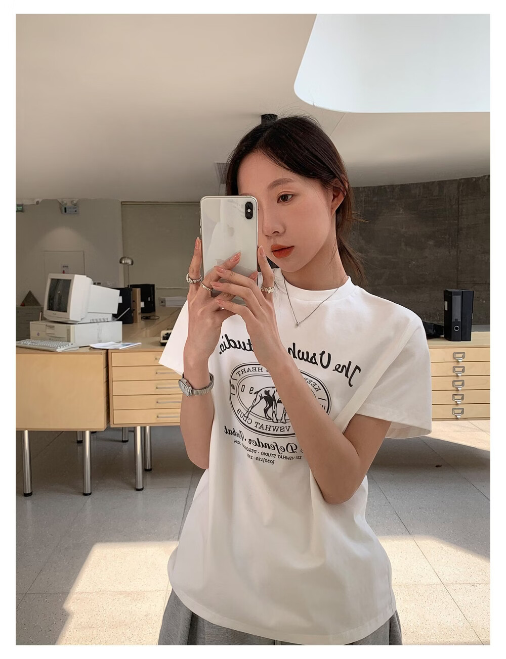 ICH MODE "Puppy Travelogue" Korean Retro College Style Chic Shoulder Short Sleeve T-Shirt Women Casual Top White M 27