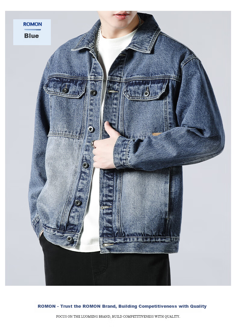 ROMON [Workwear Retro] Men's Jacket, Summer Turn-Down Collar, Loose-Fitting Trendy American Casual Denim Coat, Black And Gray, Size L 13