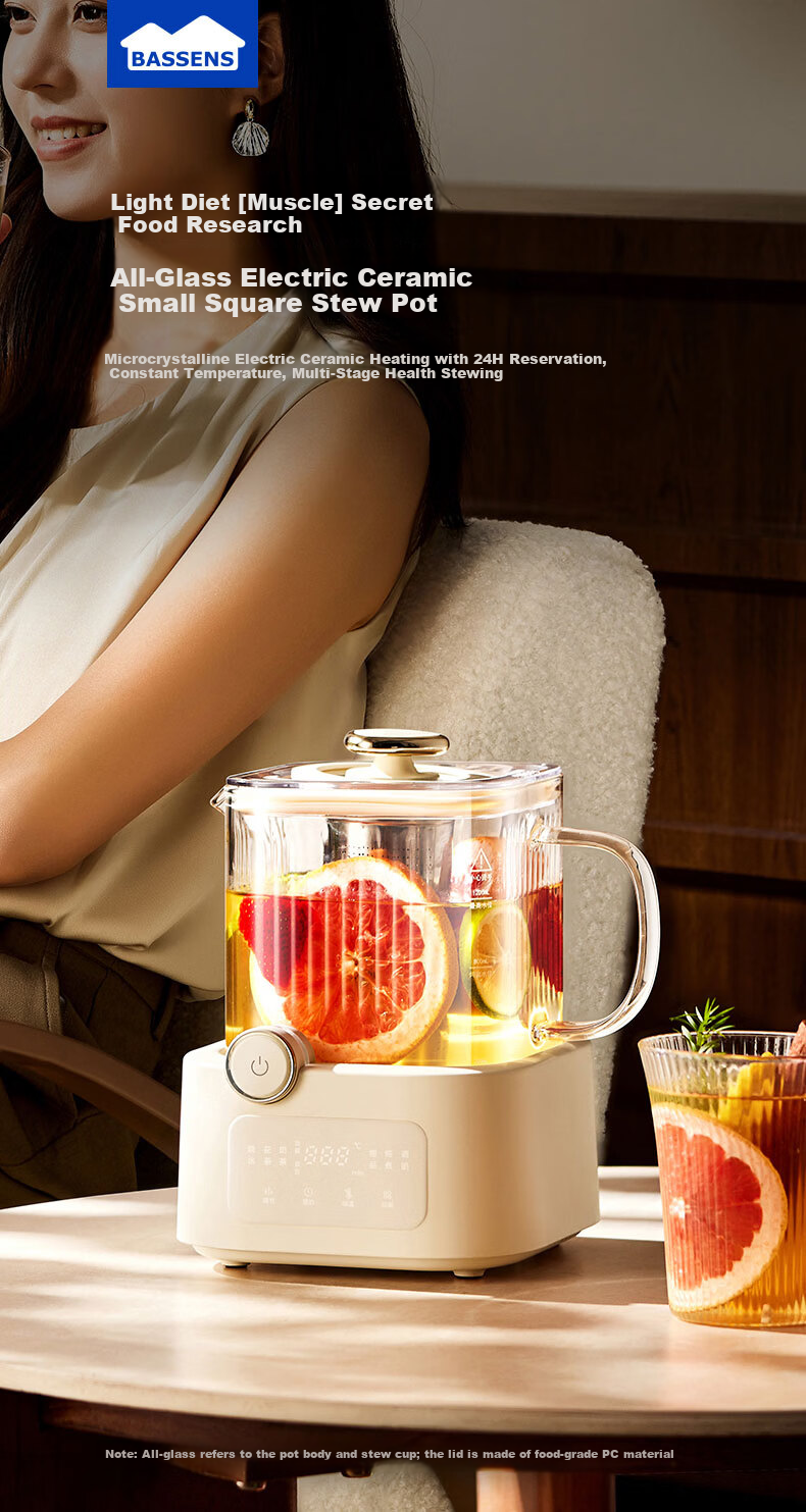 BASSENS Small Square Glass Health Pot 1.2L High-Quality Tea Kettle Health Water Boiler Electric Ceramic Stove Constant Temperature Kettle Tea Maker with Filter And Tea Strainer 4