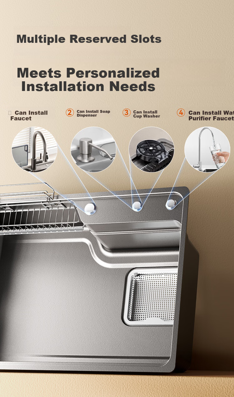 JD Jingzao Japanese Style Side Drain Embossed Thickened 304 Stainless Steel Pure Titanium 0 Coating Large Single Sink 70*48 with Faucet 14