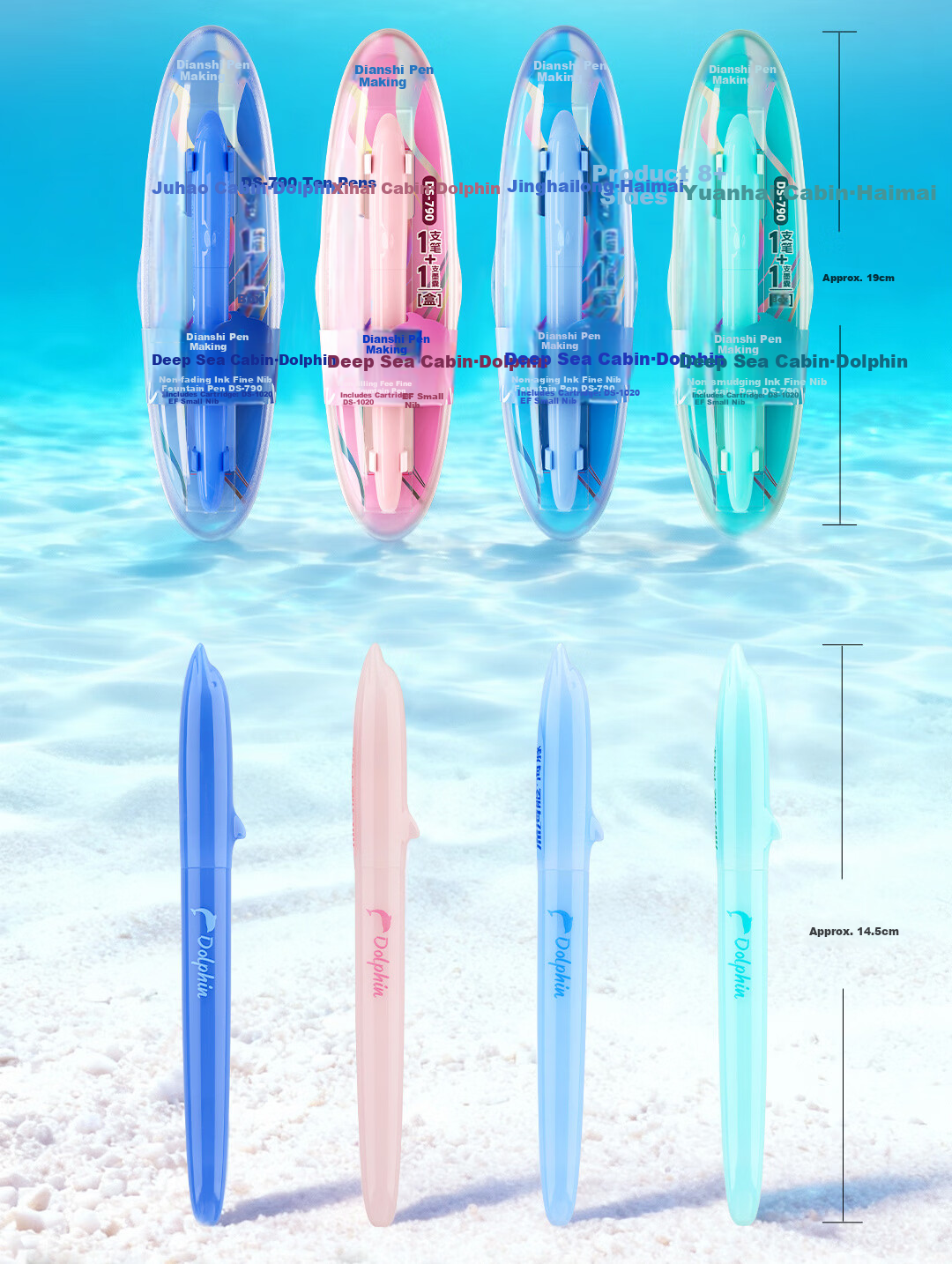 Dianshi Deep Sea Dolphin Student Fountain Pen No Ink Splash EF Nib Correct Posture Ink Cartridge Back to School Essential 790 Dark Blue Erasable Ink 12