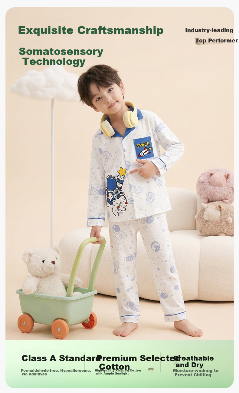 Fenteng Boys' Pajamas Class A Pure Cotton 2026 Spring Summer New Lapel Long Sleeve Children's Sleepwear Homewear Set 3
