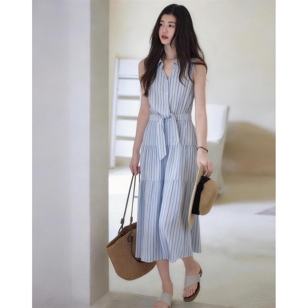 Demana "Dancing with the Wind" Summer Faux Two-Piece Sleeveless Waist-Cinching Slim A-Line Dress for Women, Mid-Length, Office Wear