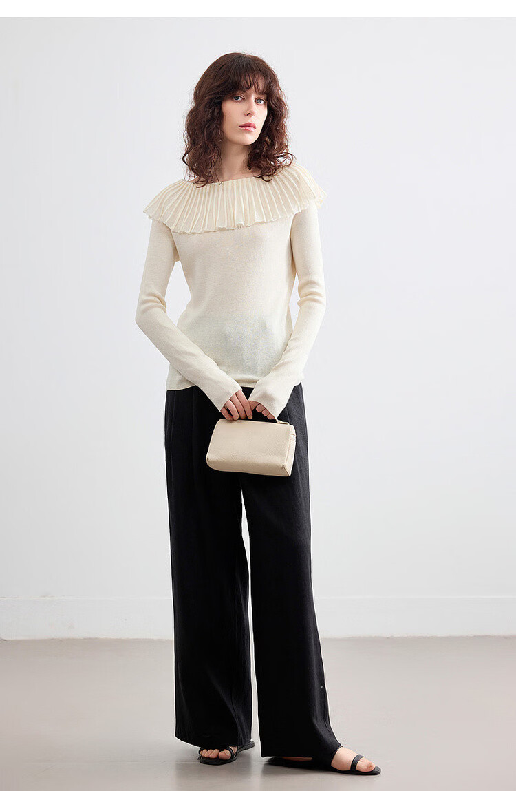 Demana Women's Elegant Spring Off-Shoulder Ruffle Slim Fit Knit Sweater with Mulberry Silk and Wool 17