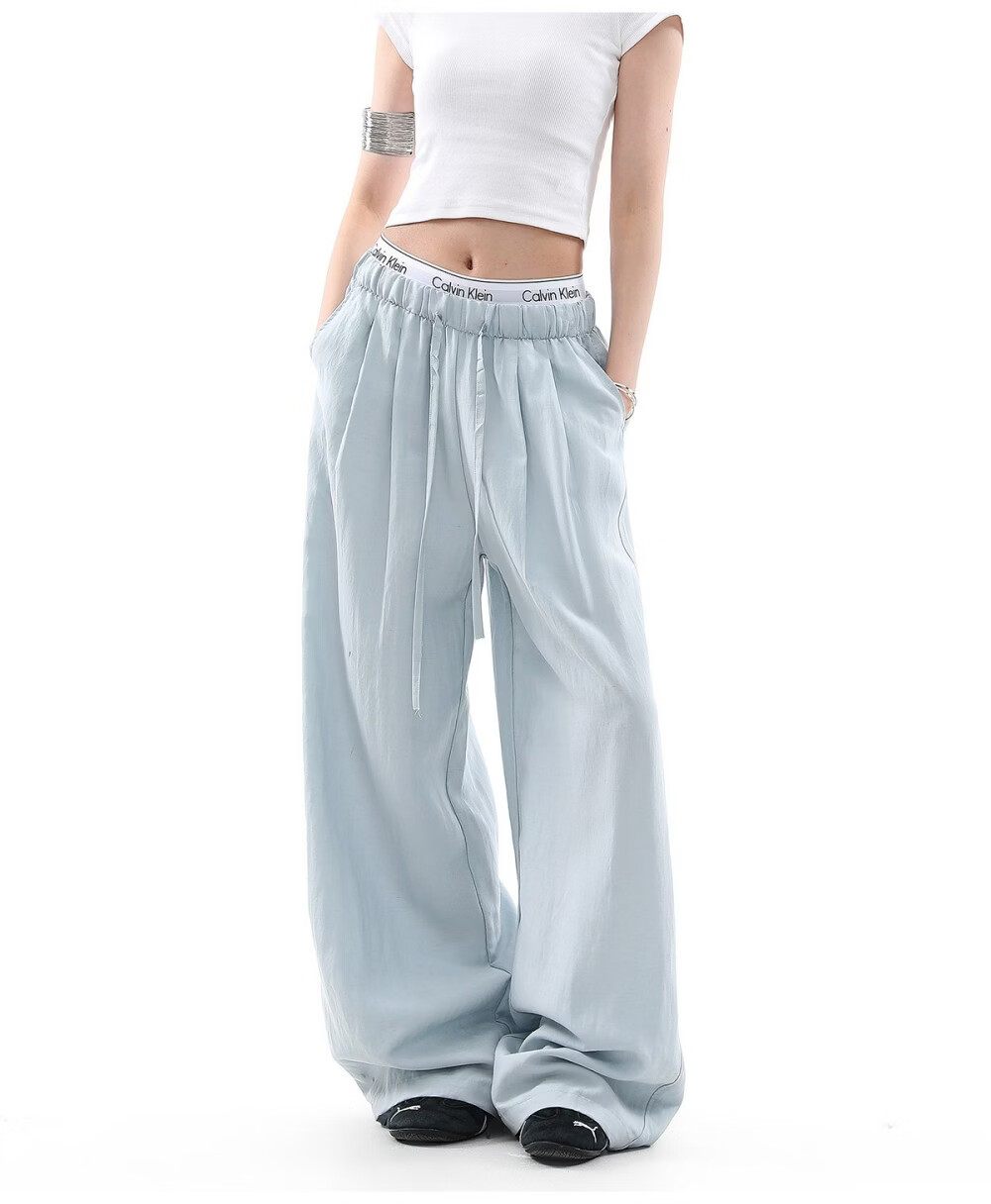 ICH MODE Women's Draped Linen Casual Pants New Loose Straight Wide-Leg Trousers Sports Pants Four Seasons Navy Blue S 9