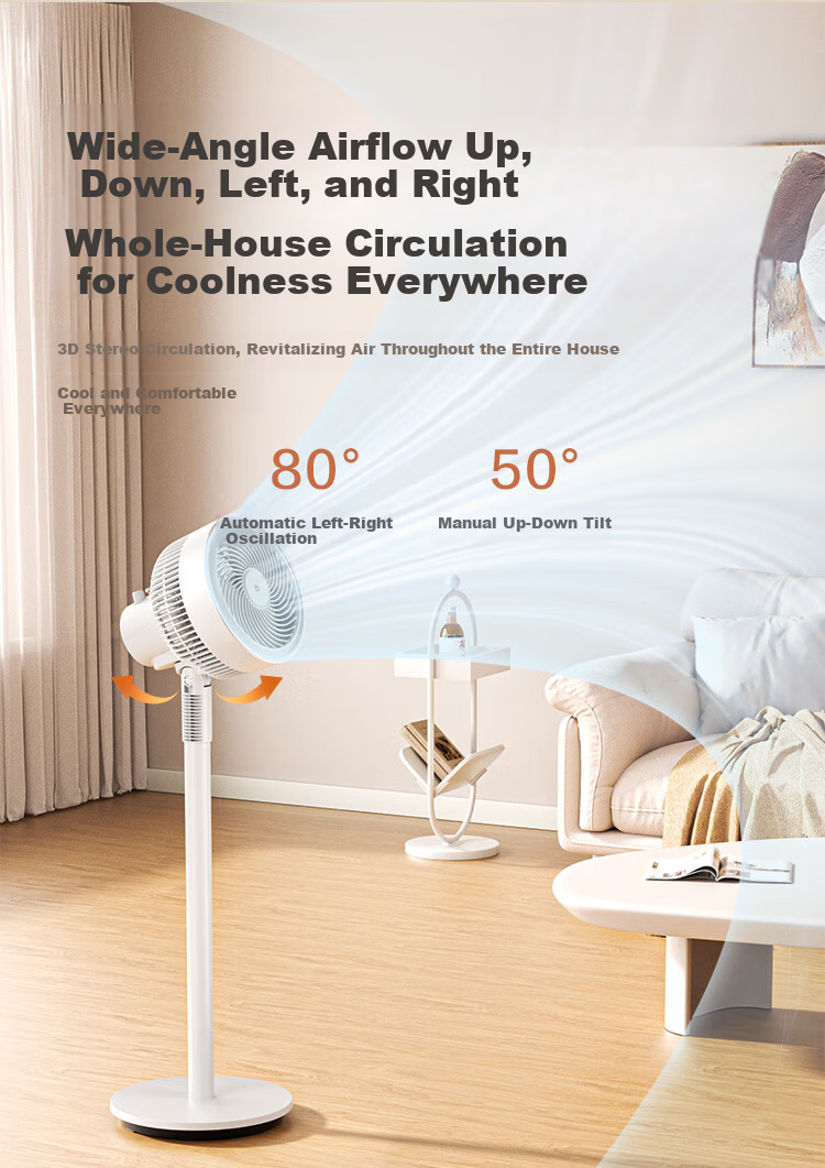 JD Jingzao 3D Automatic Oscillating Air Circulation Fan Home Bedroom Floor Electric Fan Silent Remote Control Strong Wind 6-Speed Touch Screen Display Huhu Ultra 8
