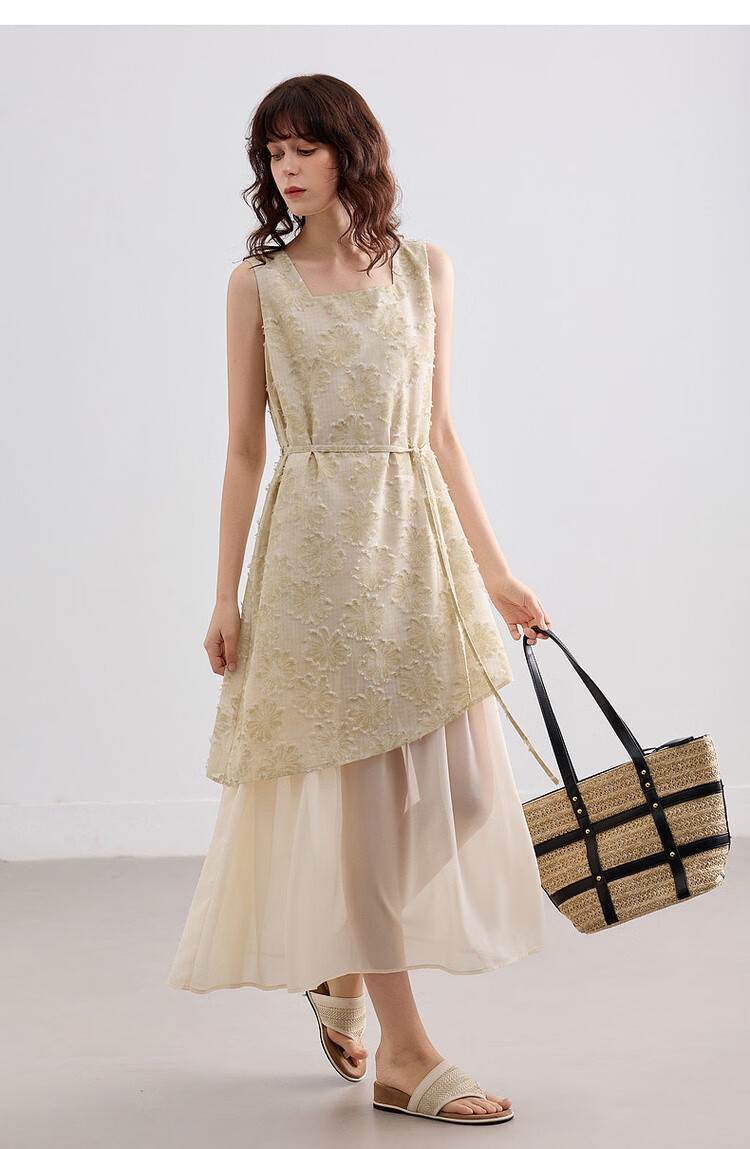 Demana Summer Faux Two-Piece Spliced Chiffon Lightweight Loose Sleeveless A-Line Mid-Length Dress with Cutwork and Print 16