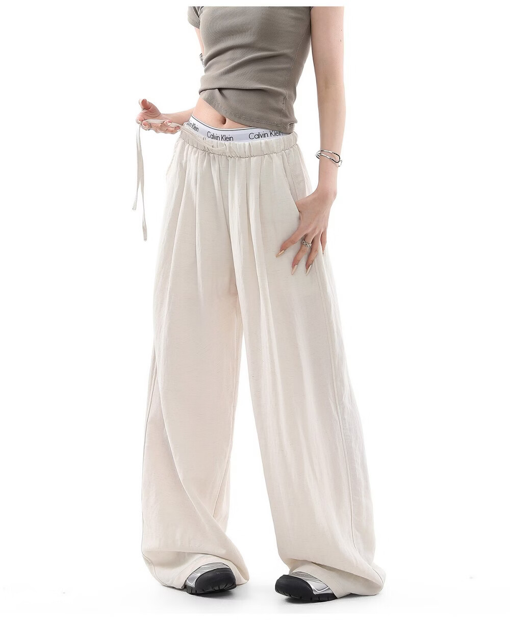ICH MODE Women's Draped Linen Casual Pants New Loose Straight Wide-Leg Trousers Sports Pants Four Seasons Navy Blue S 20