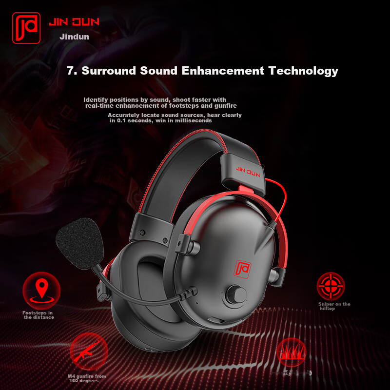 Jindun H6 Bluetooth Gaming Headset 2.4G Wireless Over-Ear Gaming Headphones Desktop PC One-Key 7.1 Surround Sound E-Sports Headset FPS Gaming Special 2