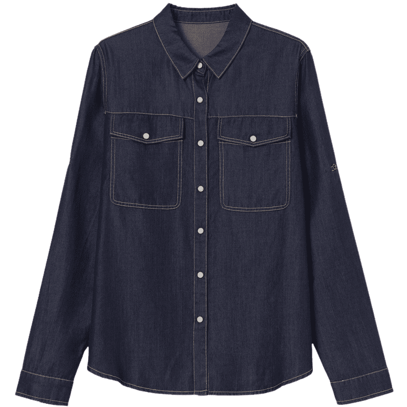 Demana [Cloud Oxygen Cotton] Spring Urban Style Contrast Piping Fleece-Lined Petite Women's Denim Shirt with Turn-Down Collar