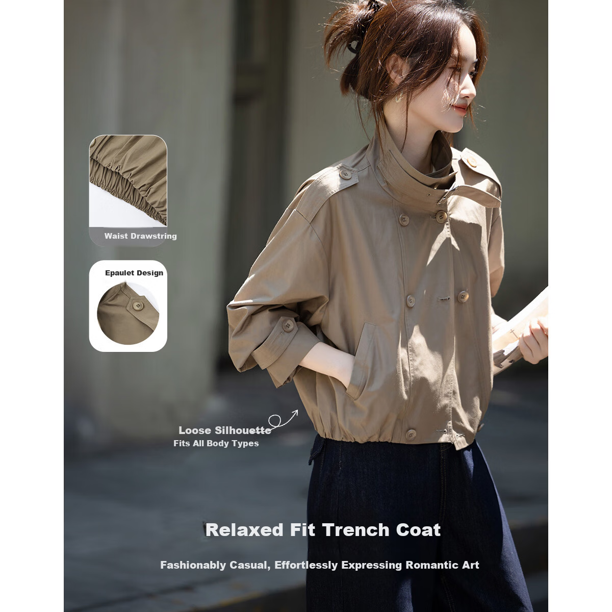 Demana Reversible Collar Autumn Casual Relaxed Cloud Cotton Double-Breasted Loose Short Women's Trench Coat