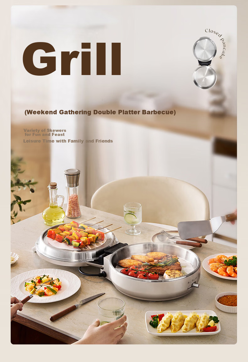 Midea Electric Griddle, Small Steel Cannon 0 Coating 316L Stainless Steel Pancake Maker, Home Use 40mm Extra Deep Double-Sided Heating, Crepe Pan, Grill Pan, Pancake Cooker, Breakfast Machine, Electric Frying Pan S1 15