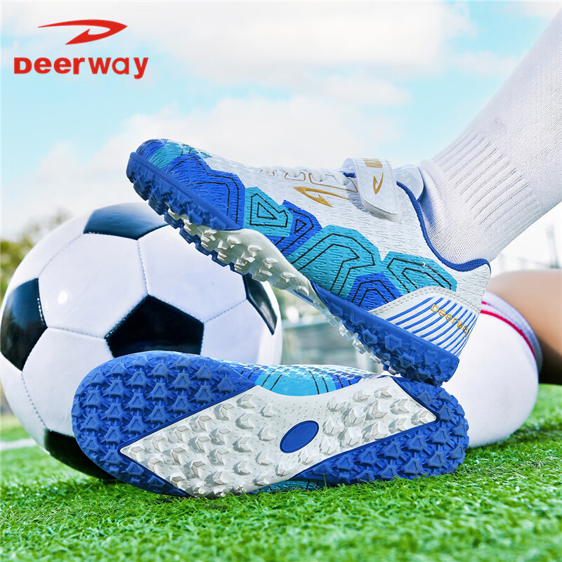 DEERWAY TF Turf Kids Soccer Shoes Boys Girls 6-12 Years Breathable Cushioning Training Match White Blue Size 35