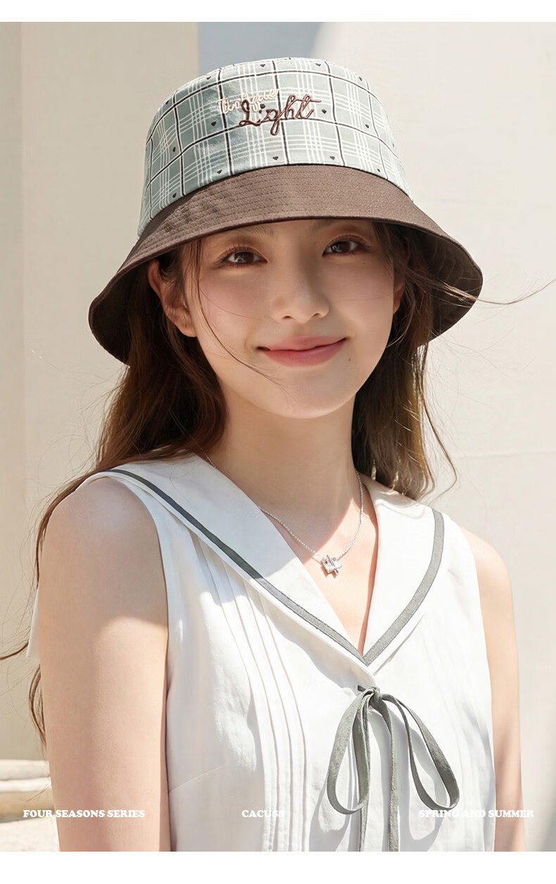 CACUSS Women's Summer Vintage Plaid Cotton Bucket Hat Small Face Outdoor Sunshade Cap Coffee Color 8
