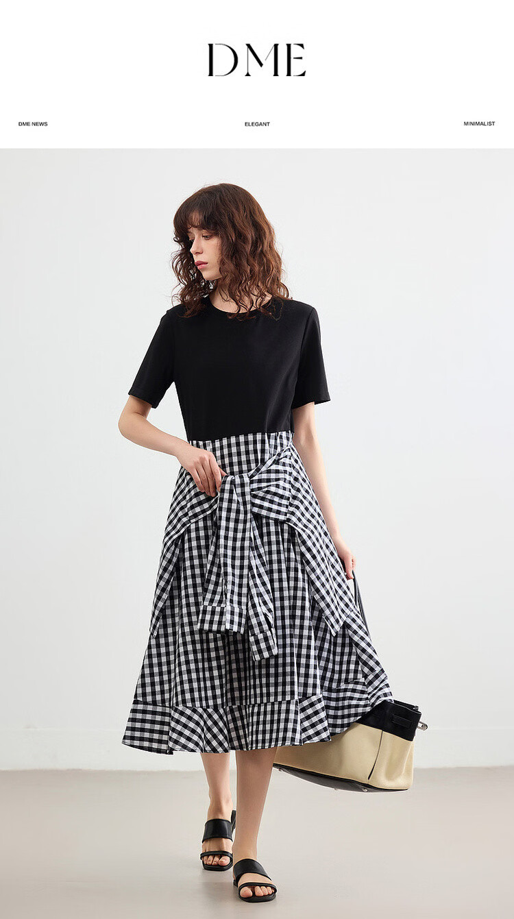 Demana Faux Two-Piece Style Summer Urban Casual Plaid Patchwork Round Neck Waist-Slimming Mid-Length Dress for Women 1