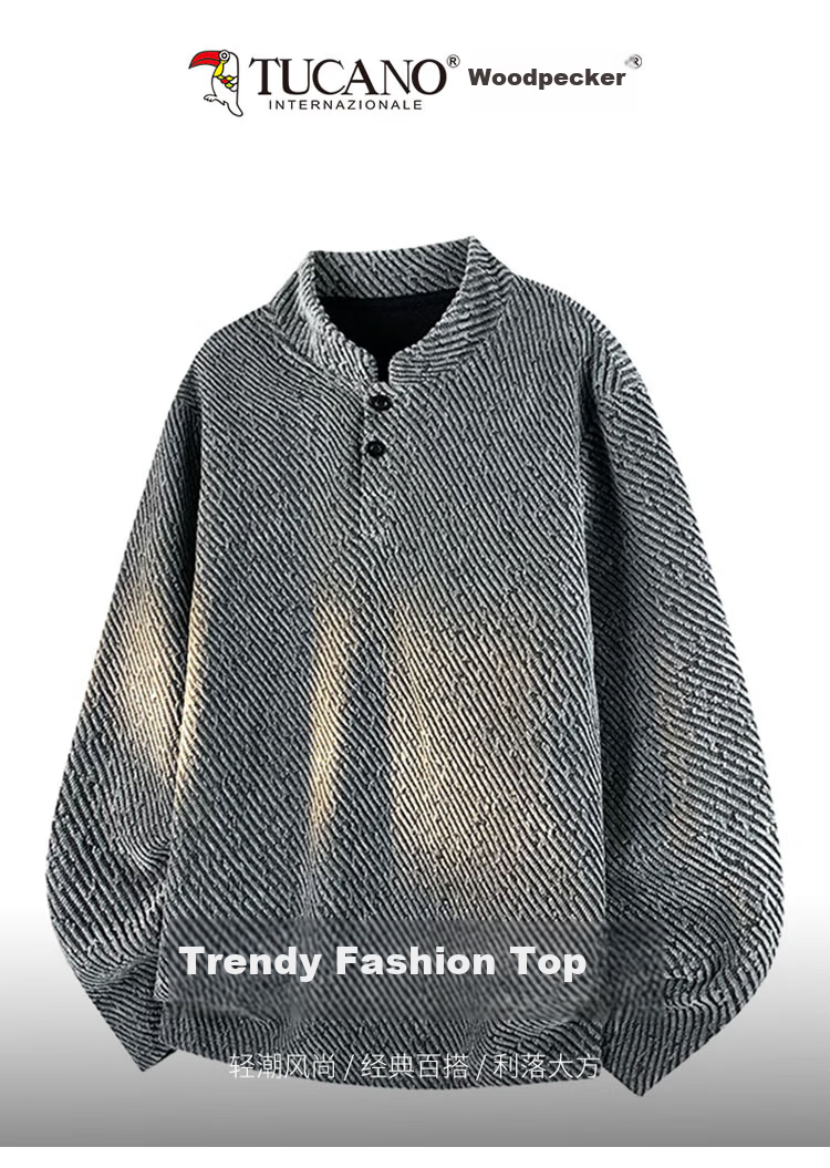 TUCANO Men's Sweatshirt Spring Autumn Long Sleeve T-Shirt Henley Neck Textured Jacket Gray L 1